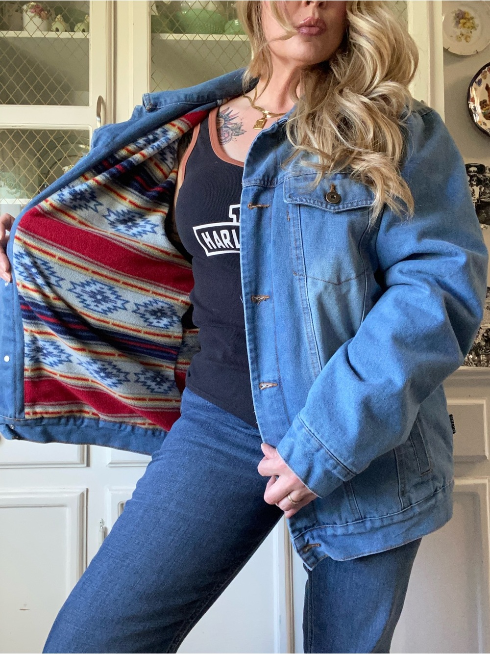 VTG 90s Vibes Fleece Lined Trucker Denim Jacket Southwestern Cozy Layering Fall